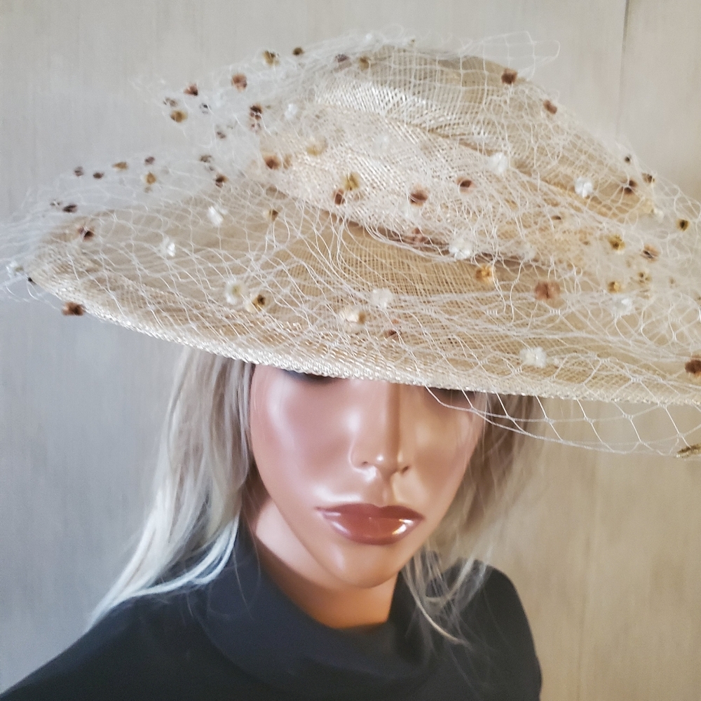 B Michael Wide Brim Hat Netting Veil Chenille  Dots Fine Vintage Weddings‎ Derby